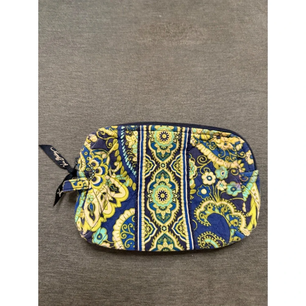 Vera Bradley Quilted Cotton‎ Cosmetic Bag Blue Yellow Green Paisley Floral Pouch
